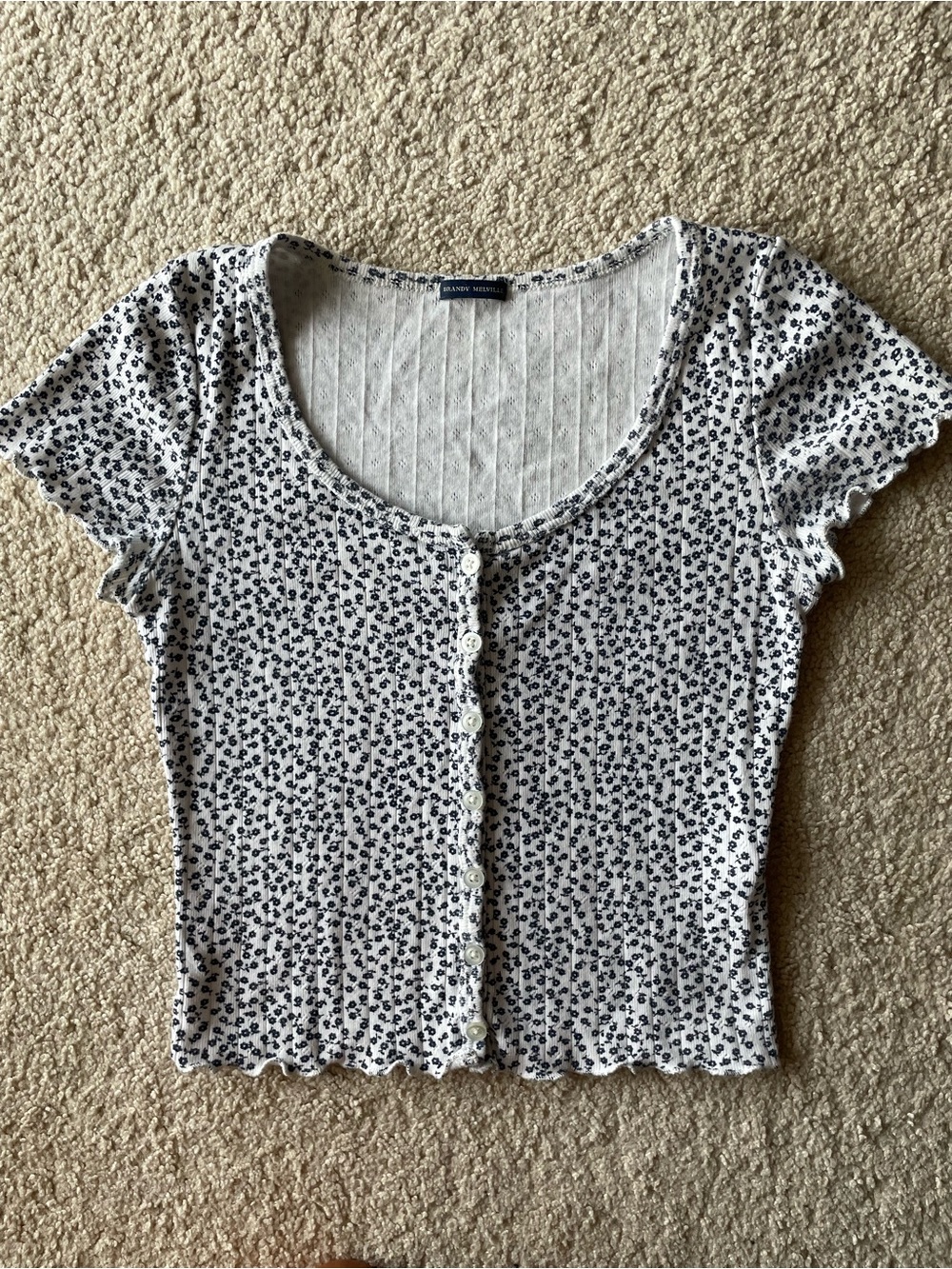 Brandy Melville White Navy Floral Button Crop Top Babydoll Women OS Summer